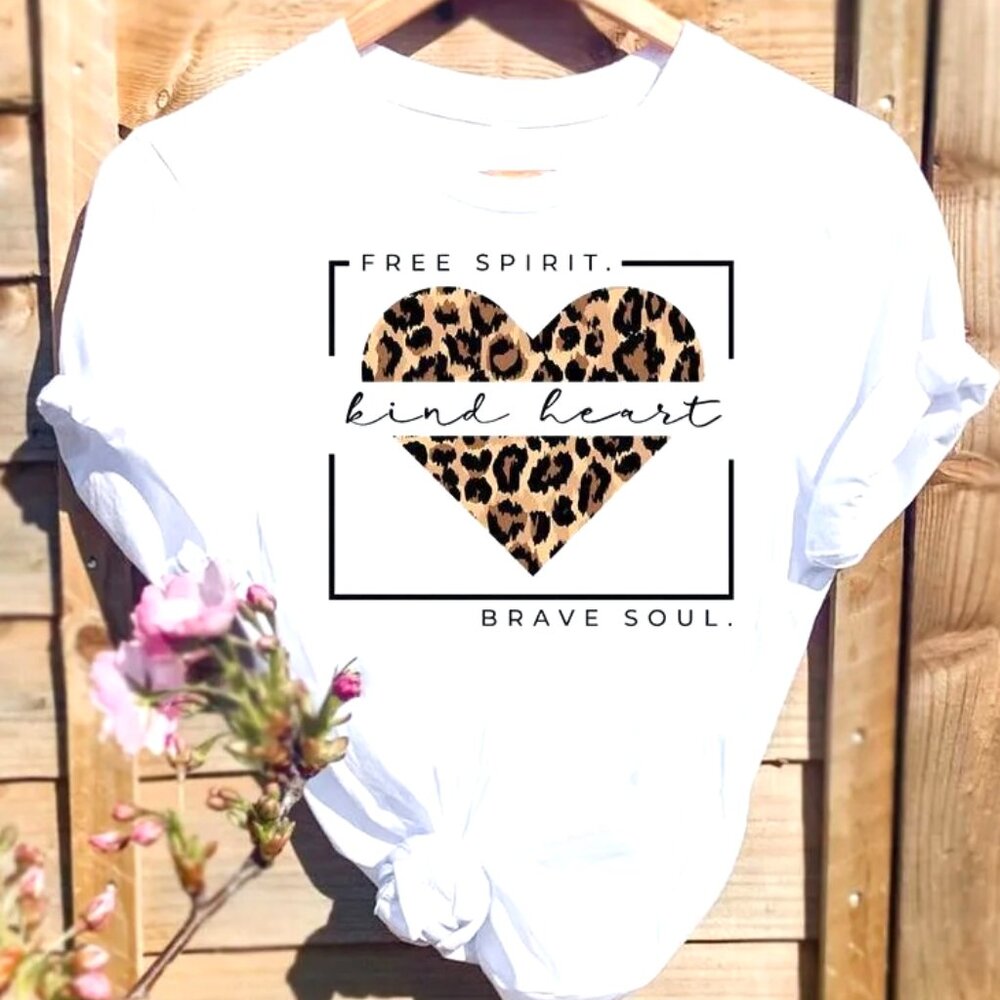 OVERSIZED SHORT SLEEVE TEE SHIRT WITH A LEOPARD HEART HAS INSPIRATIONAL SAYINGS